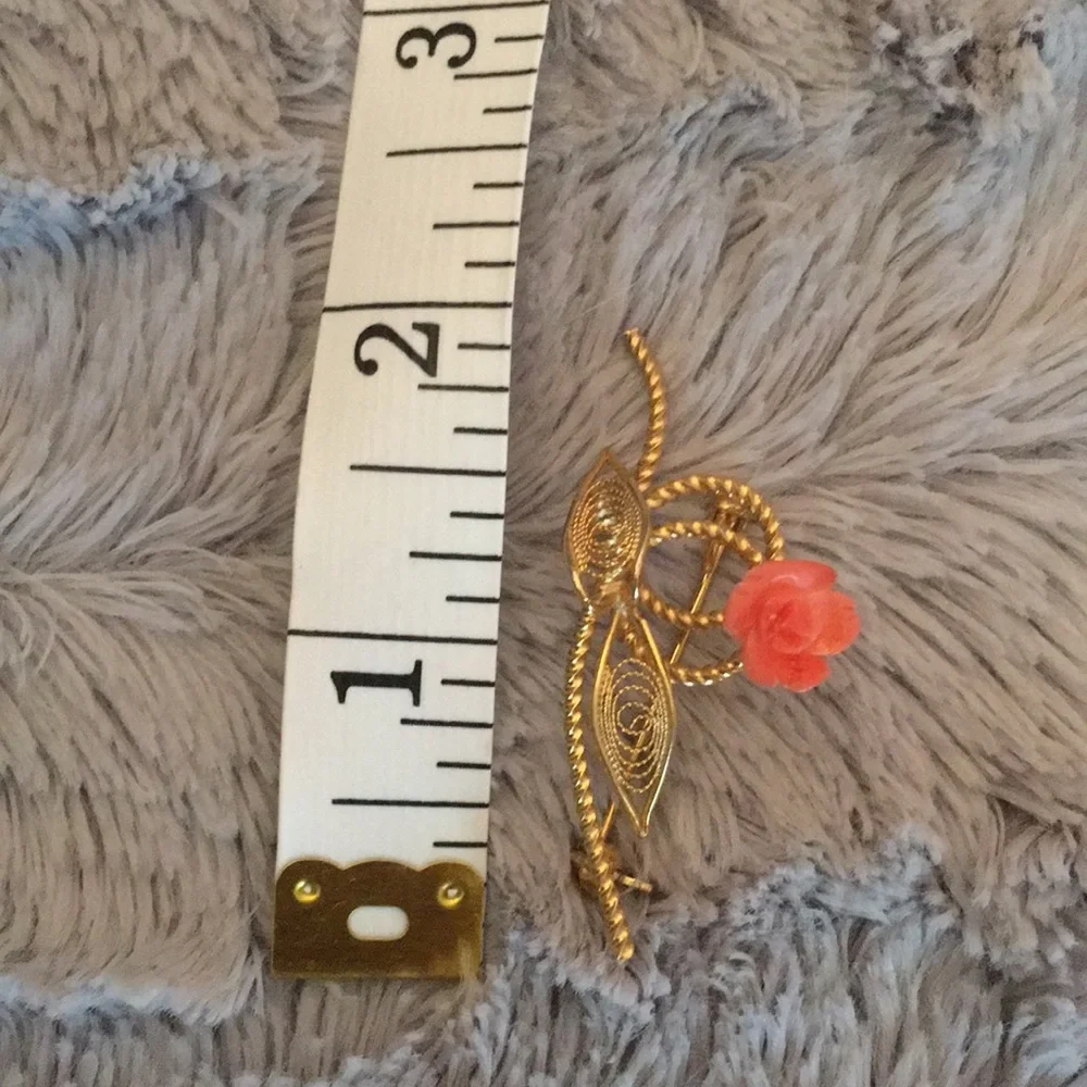 Vintage Gold Patterned Brooch with Rose Pendant